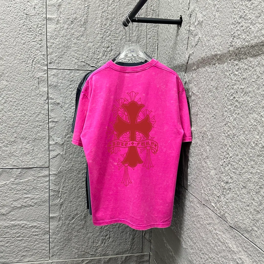 🅿️180 CH* Crow Heart* 2025 spring and summer new style Snowflake distressed washed retro round neck short sleeves Chest and front logo Classic cross print Customized fabric Short-sleeved T-shirt Unisex Size: S M L XL XXL Color: Snowflake Black Snowflake Gray Snowflake Pink Snowflake Blue